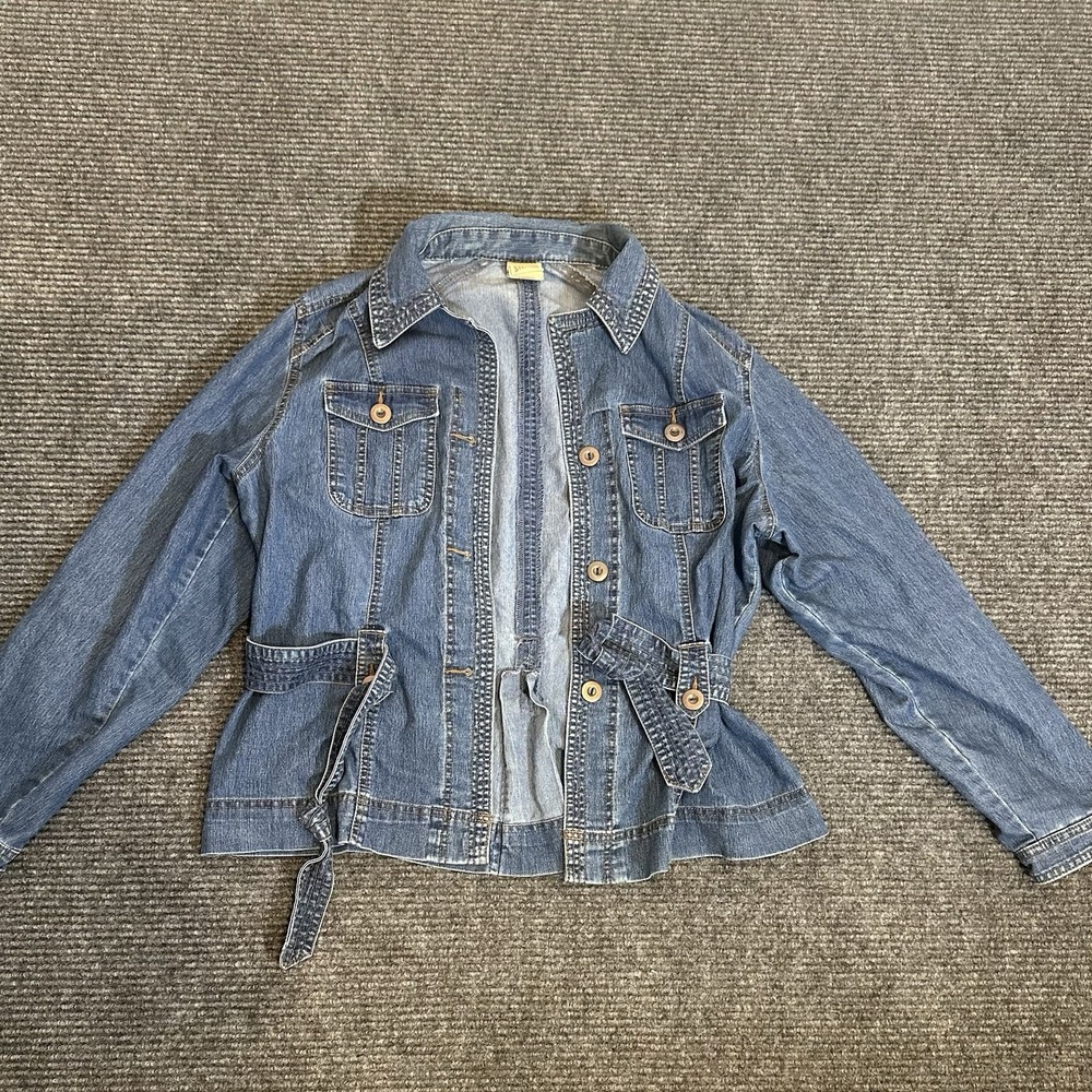 Faded Glory Womens Blue Stretch Denim Belted Jacket Medium Wash Size L 12-14